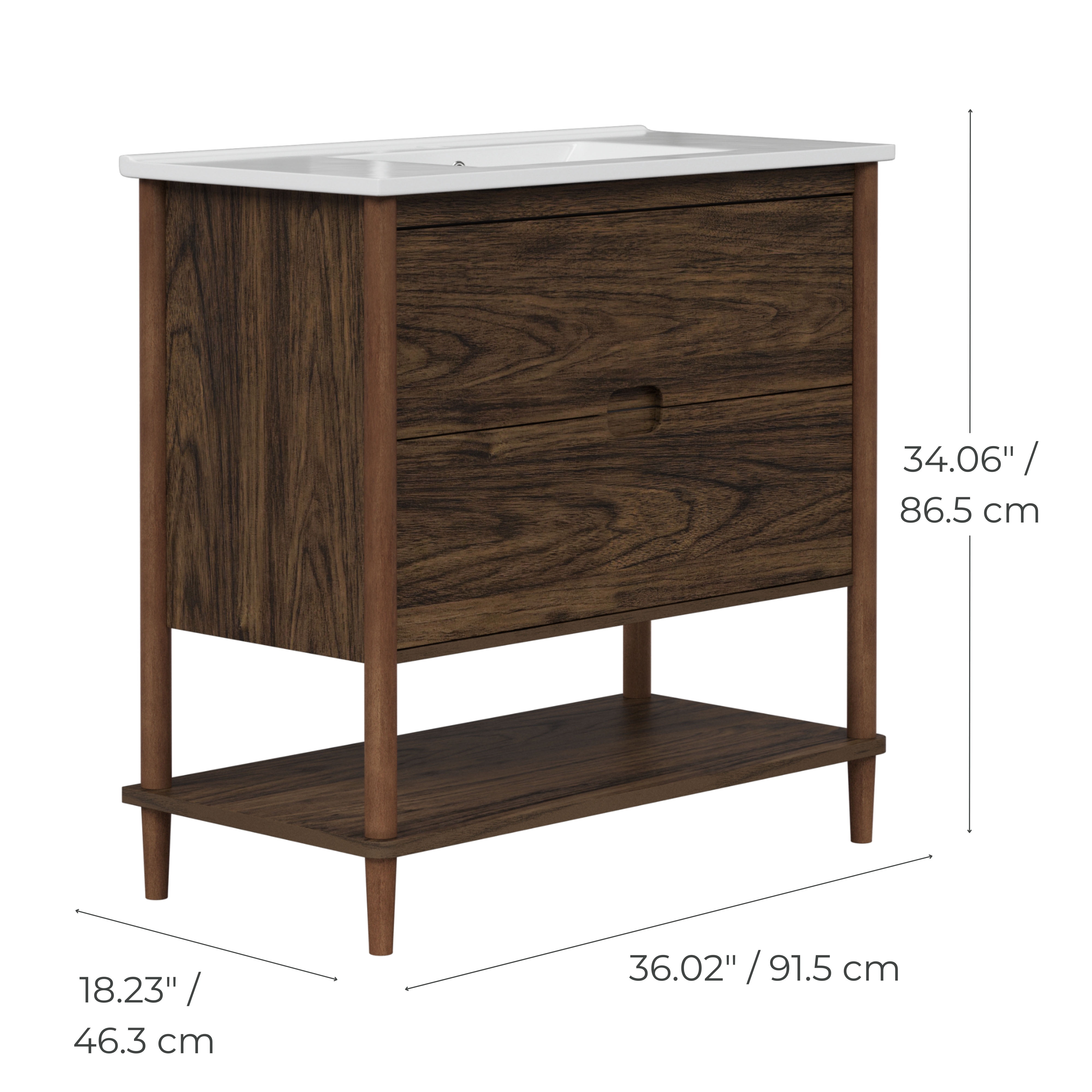 Teamson Home Ellery 36" Single Bathroom Vanity Integrated Square Sink and Two Drawers, Walnut