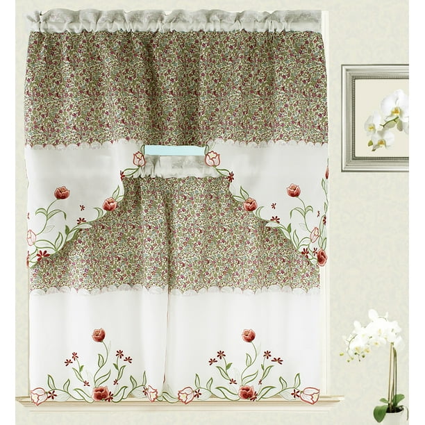 Tulip Embroidery Kitchen Curtain with Swag and Tier Set 36 - Walmart ...