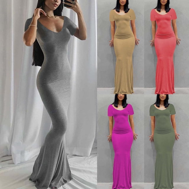 Gspmoly Robes pour Femmes, Robes d'Été Décontractées pour Femmes à Col Rond, Manches Courtes, Unies, Robes de Mariage pour Femmes Offres du Jour