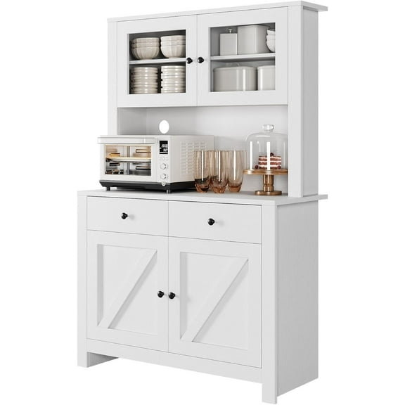 Historyli Kitchen Pantry Cabinet with Microwave Stand, Freestanding Hutch Cabinet with Buffet Cupboard, Tall Storage Cabinets with Adjustable Shelves for Kitchen,White