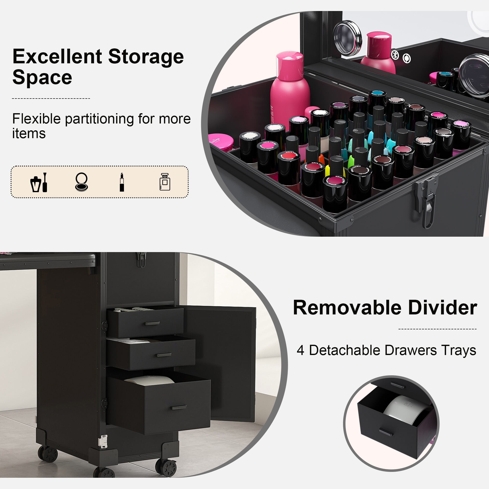 AENKYO All-in-One Portable Nail Table w/ LED Mirror, Bluetooth Speaker, Drawers | Salon & Home Manicure Station, Black