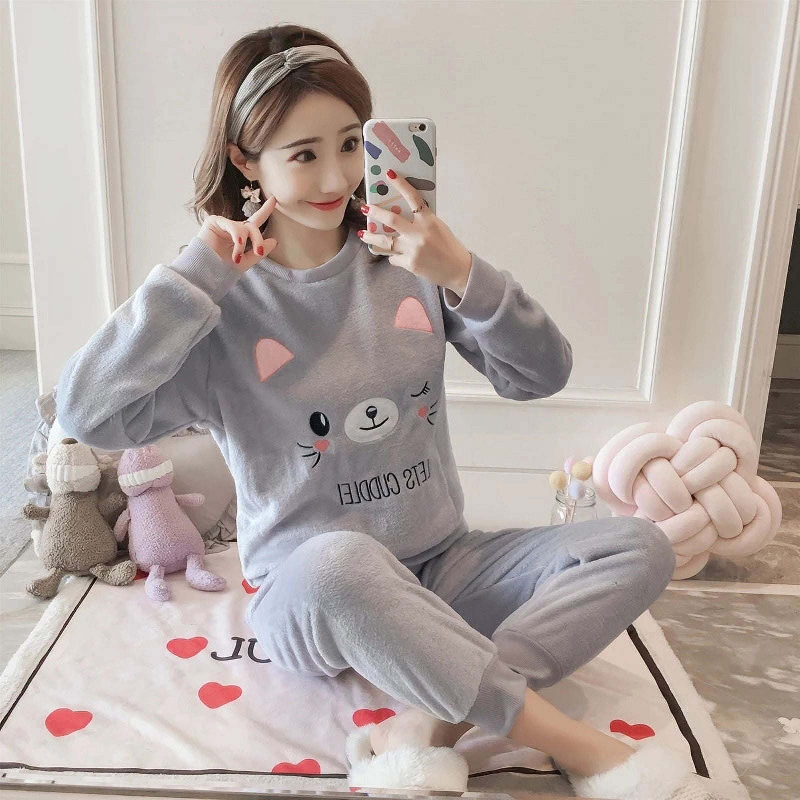 2021 Autumn Winter Pajamas Set Women Sleep Shirt Pant Set