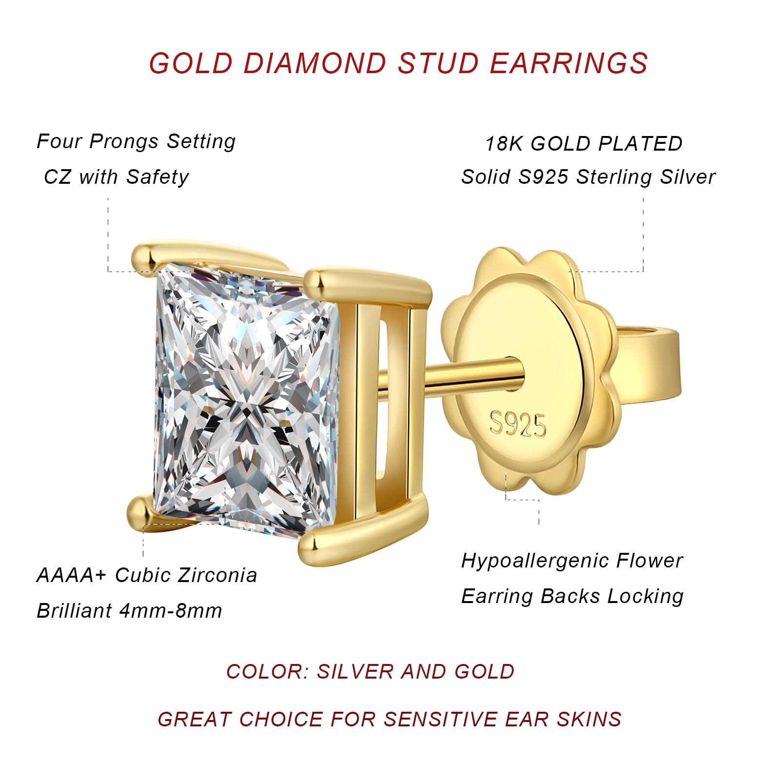 Jiamiaoi 18k White Gold Plated 925 Sterling Silver Sparkly Cubic Zirconia Stud Earrings Sets 4mm-8mm Circle Diamond Earrings Gold Square Stud Earrings Hypoallergenic