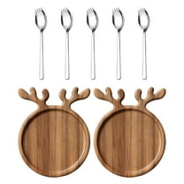 HUISZJ 2pcs Christmas Antler Serving Tray — Round 10.26 inch Wooden Appetizer Platter with 5pcs Spoon — Xmas Charcuterie Tray for Cheese Bread
