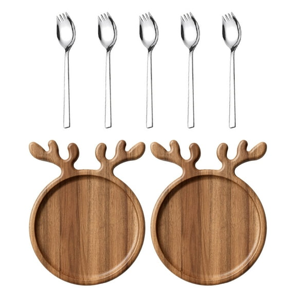 HUISZJ 2pcs Christmas Antler Serving Tray — Round 10.26 inch Wooden Appetizer Platter with 5pcs Spoon — Xmas Charcuterie Tray for Cheese Bread