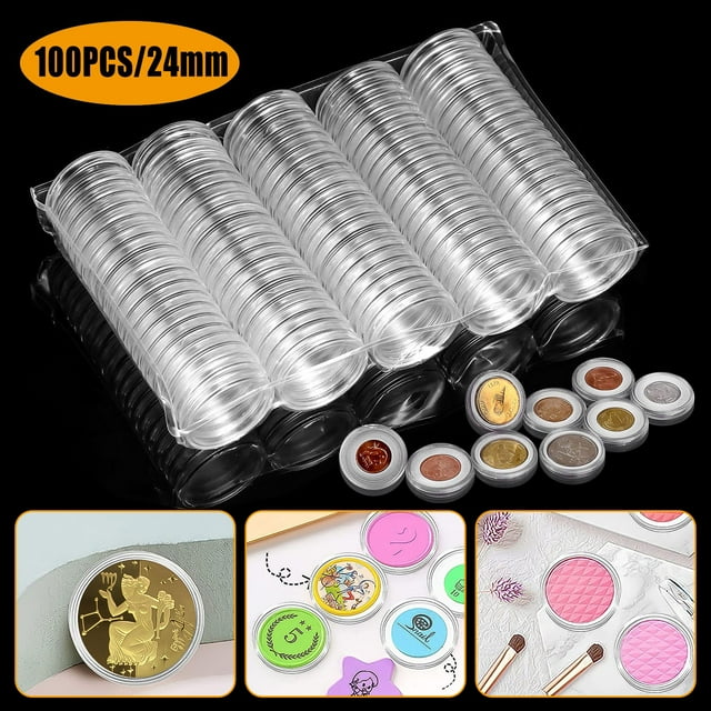 100 Pcs Capsules Porte-Pièces Hermétiques 24 mm, EEEkit Boîte de Rangement Ronde en Plastique Transparent Aigles Argentés pour Collection de Pièces, Porte-Pièces pour Collectionneurs