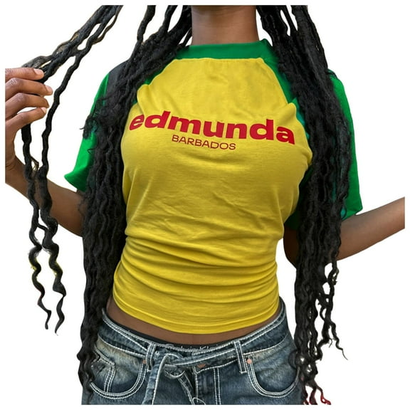 BAODANN Baby Tees for Women Tops Brazil Crop Top T Shirts Graphic Tees for Women Vintage 90s Streetwear Shirts Casual Raglan Tee Women Shirt Workout Long Sleeves for Women Dark Tee Shirt Shirt for