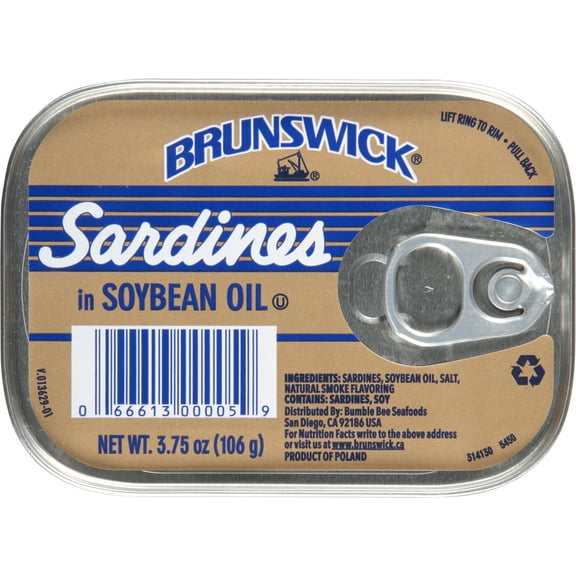Brunswick Sardines in Soybean Oil, Wild Caught, Gluten Free, 14g Protein per Serving, Shelf Stable Tin Can, 3.75 oz