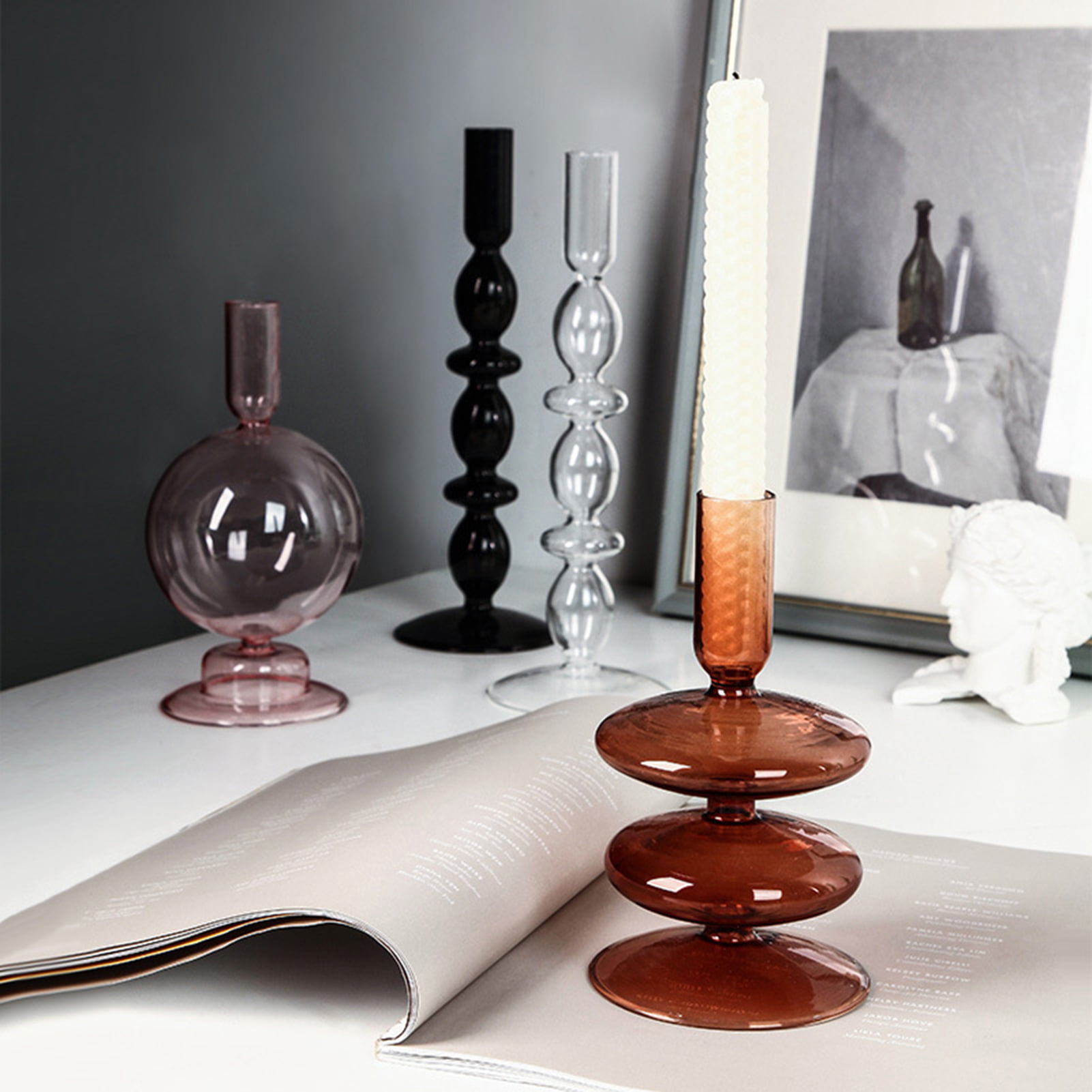 European Unique Candle Holder Sleeve Glass Romantic Elegant Veins Room Decor  Minimalist Nature Portavelas Table Decoration Items