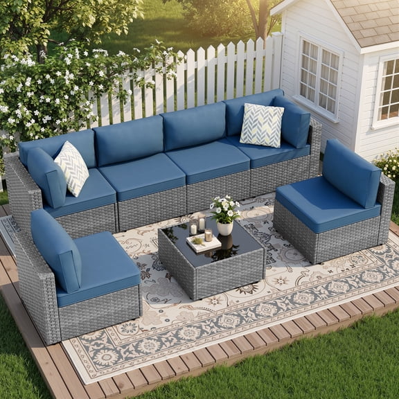 Walsunny 7 Piece Outdoor Patio Conversation Set, Rattan Sectional Sofa Set, All-Weather Outdoor Modern Sectional Furniture Wicker Couch with Glass Coffee Table,Navy Blue
