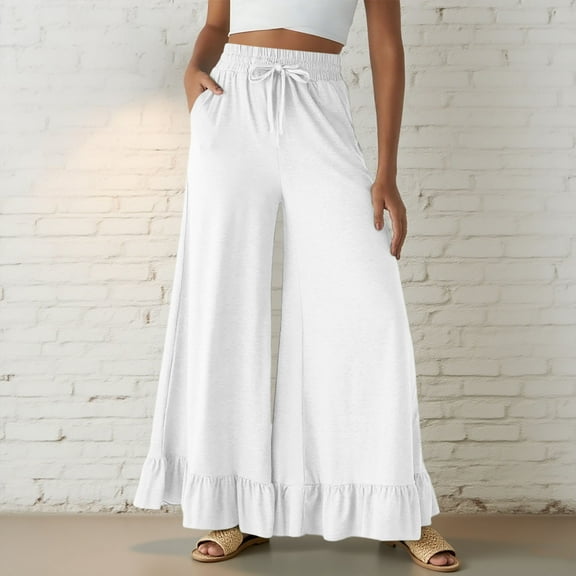 Simua Women's Drawstring Elastic Waist Flowy Pants - Lightweight Wide-Leg Trousers for Summer & Beach Wear, S-XXL
