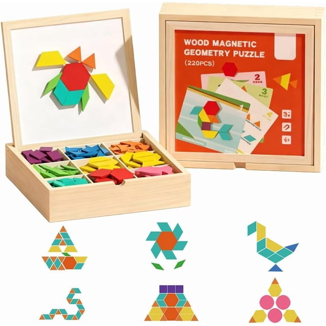 Wooden Magnetic Pattern Block Puzzle Set, Tangram Puzzle Learning Toy with Pattern Cards, Educational Learning Toys Gift for Toddlers 5-10