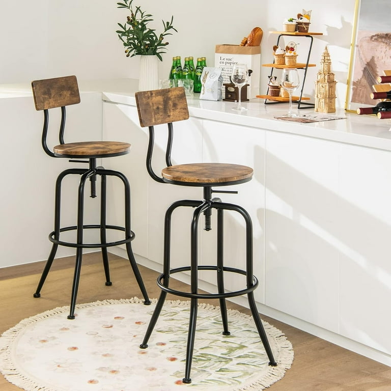 Industrial Bar Stool Set of 2 Vintage Adjustable Swivel Counter Height Kitchen Dining Chair with Arc Shaped Backrest Footrest Round Seat Metal