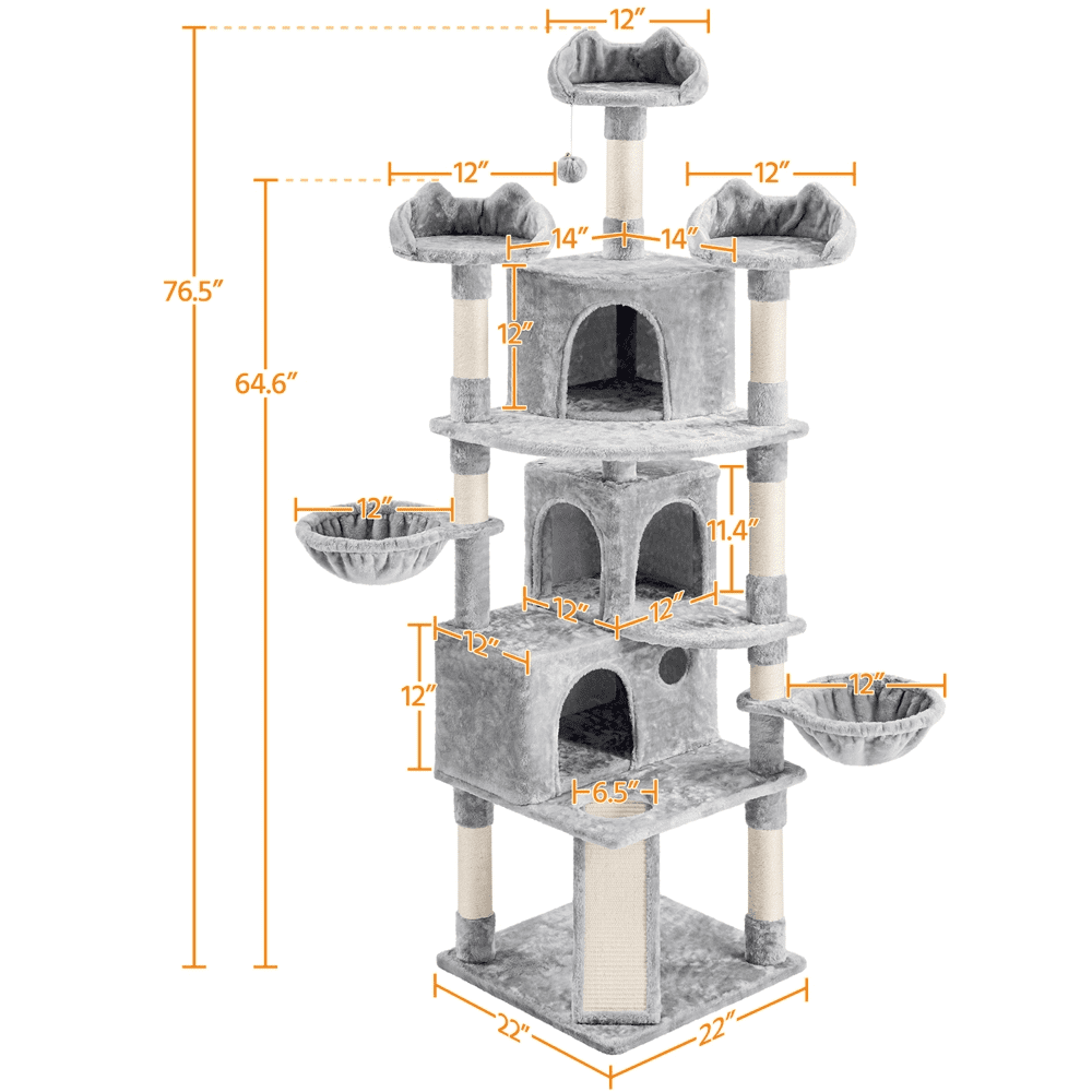 Alden Design 76.5"H Large Cat Tree Tower with 3 Condos Cozy Perches Dangling Ball, Light Gray