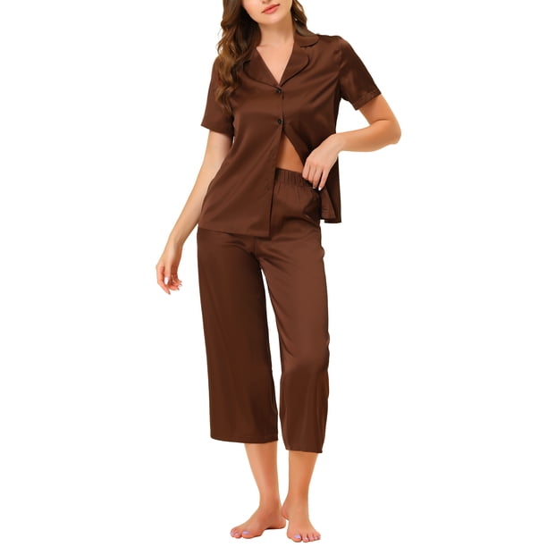 INSPIRAR CHIC Conjuntos de Pijamas de Satén para Mujeres, Camisetas de Manga Corta con Pantalones Capri, 2 Piezas de Ropa de Casa, Color Marrón