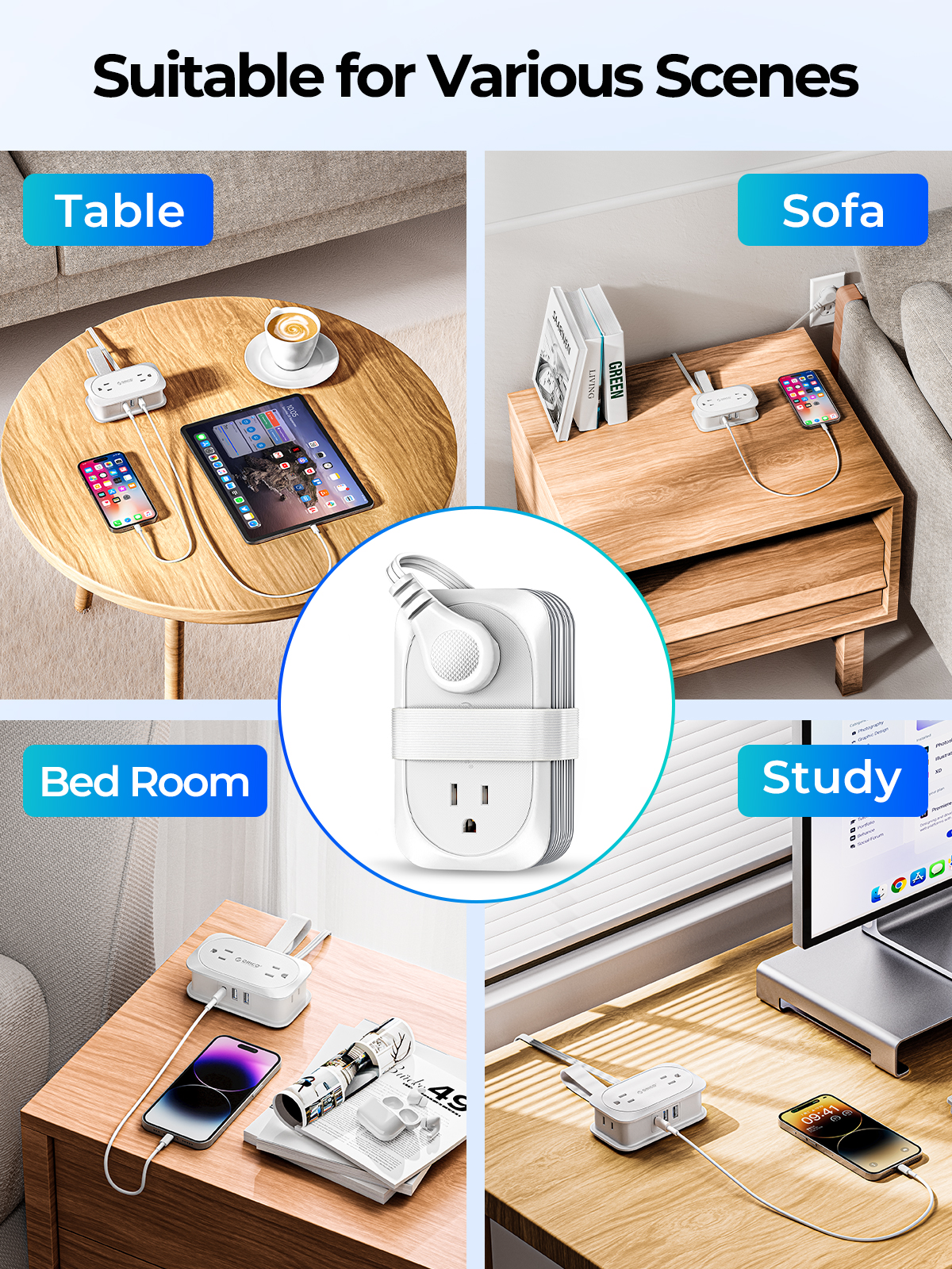 ORICO Travel Power Strip with USB Ports 4 Outlet Power Strip Flat Plug with Smart 3 USB,3.18ft Extension Cord Outlet Extender for Travel/Home /Office