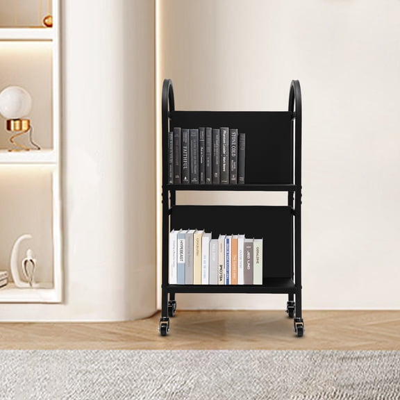 1 PCS Library Book Cart, Rolling Book Cart, Office Book Cart, 2-layer Bookshelf Cart With Partition- Black