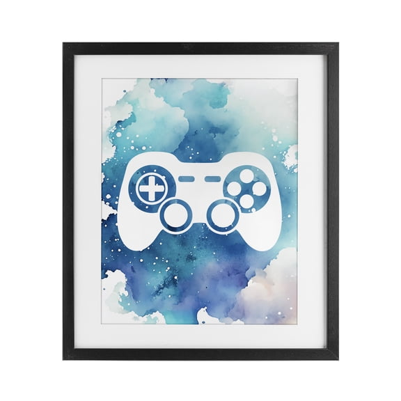 Blue Controller Splatter Black Framed Print Under Glass, design by Marcus Prime