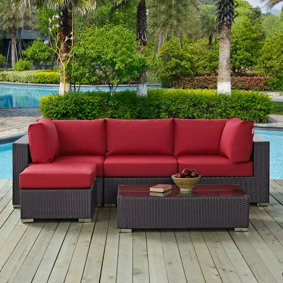 Modway Convene 5 Piece Outdoor Patio Sectional Set in Espresso Red