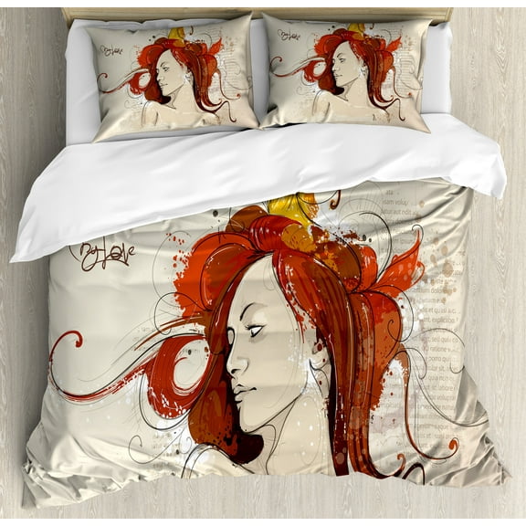 Modern Duvet Cover Set, Muse Woman Portrait in Grunge Style Hand Drawn Mystic Beauty Picture, Decorative 3 Piece Bedding Set with 2 Pillow Shams, King Size, Beige Dark Orange, by Ambesonne