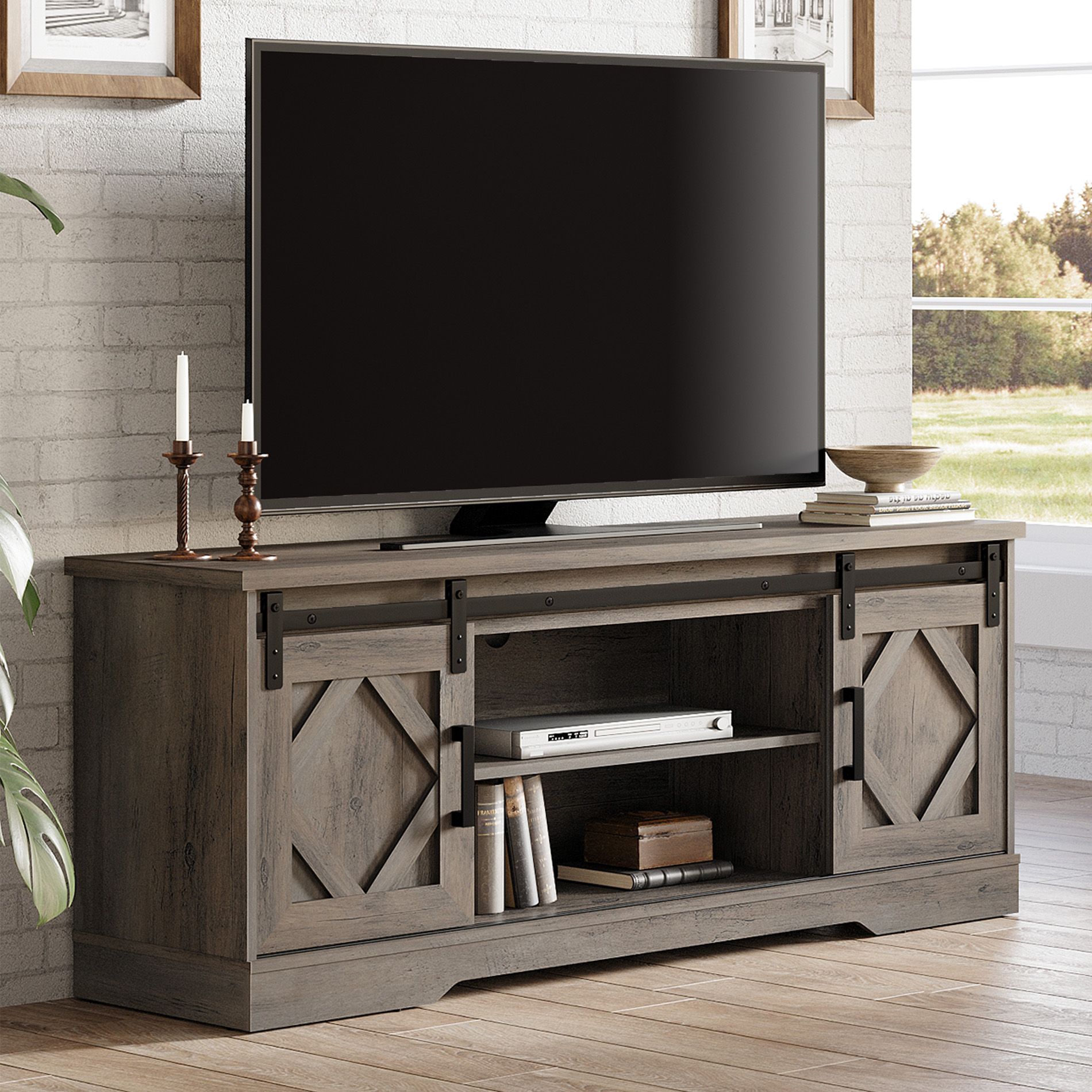 LED Farmhouse Sliding Barn Door TV Stand or Modern TV Console for up to 70" TV Grey
