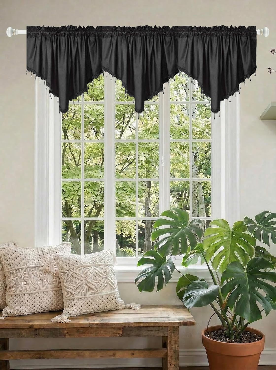 Swag Curtain 51 inch Length Rod Pocket Scalloped Curtain Valance Sheer Lace Panels with Hanging Crystal Beads for Kitchen Bedroom Window Treatments Drape Decor 1pc (Cloth Black, 51Wx23L)