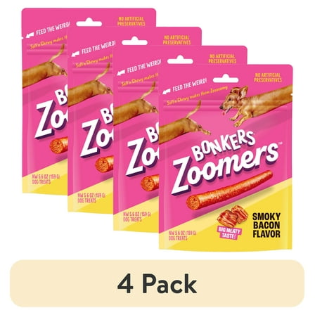 (4 pack) BONKERS Zoomers Smoky Bacon Flavor Soft & Chewy Treats for Dogs, 5.6oz Bag