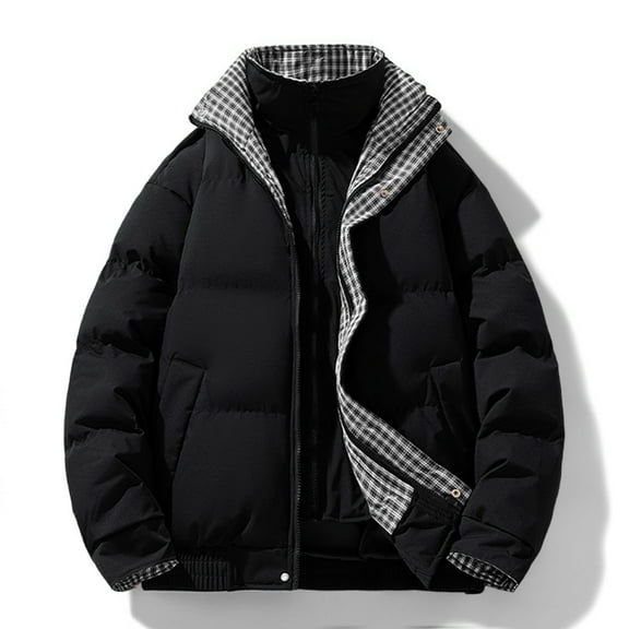 Handshe Men's Casual Jacket, Solid Color Thermal Stand Collar Zipper Front, Fashionable Sporty Cotton Coat for Daily Wear and Winter Warmth