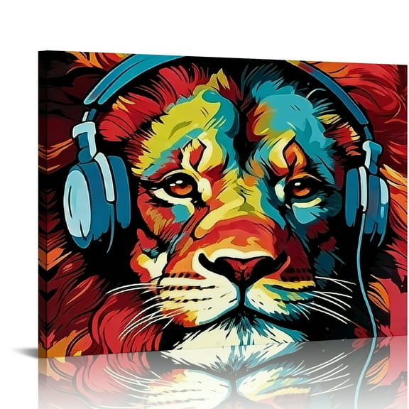 Hidden Frame Canvas Wall Art - Trendy Colorful Lion with Headphones Stylish Popular Wall Decor for Living Room 16x12in