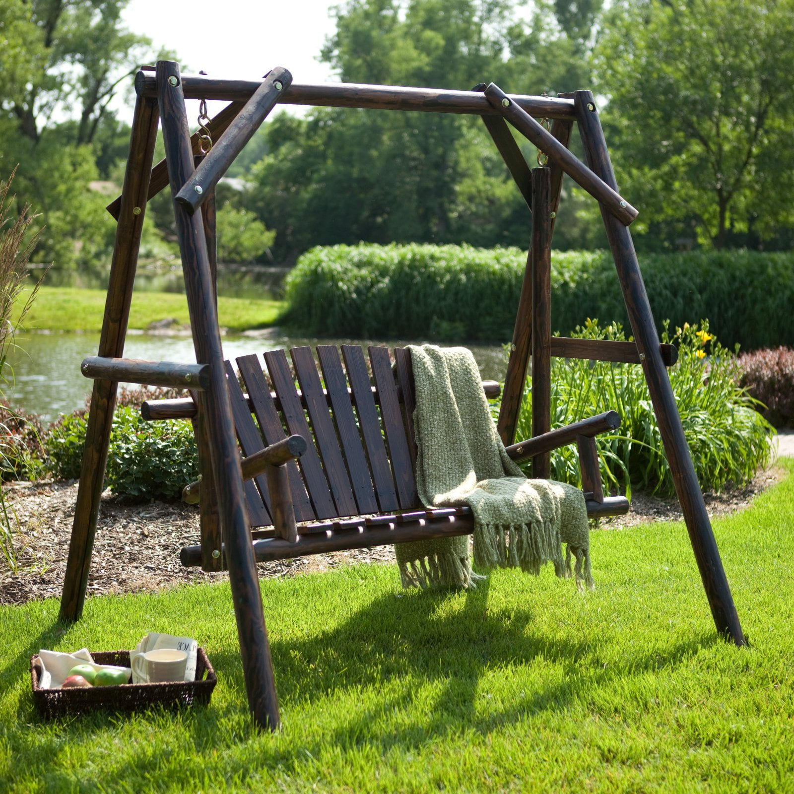 Coral Coast Rustic Torched Log Curved Back Porch Swing and A-Frame Set by