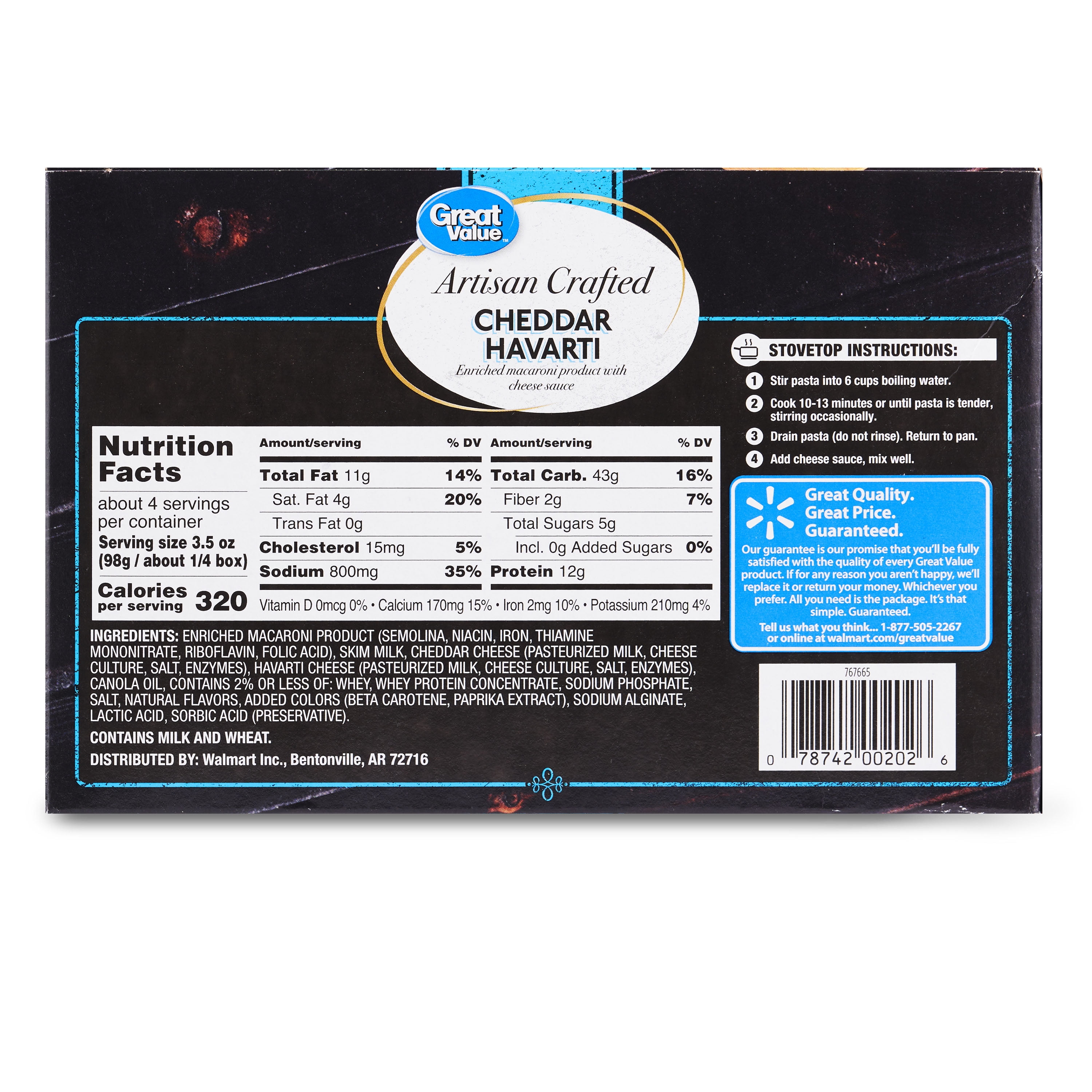 (3 pack) Great Value Artisan Crafted Havarti Cheddar Macaroni & Cheese, 12 oz (Shelf Stable)
