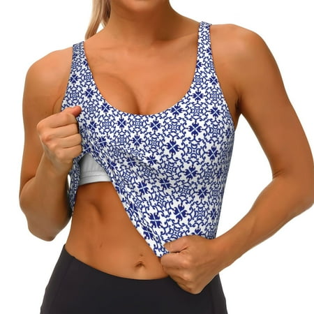 Qokaie Blue And White Porcelain Chinaware Pattern Womens Scoop Neck Sports Bra Breathable Workout Vest Padded U Back Medium Impact Fitness Gym Yoga Bra Workout Crop Top