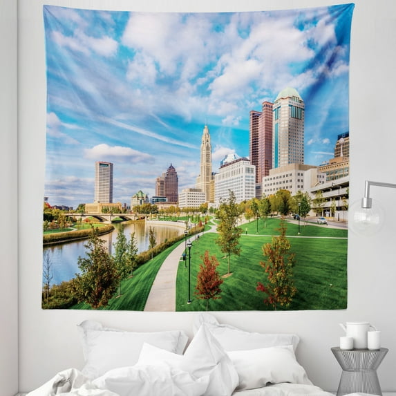 City Tapestry, Columbus Ohio USA Scioto River Scenery Grassland Park Modern Buildings, Fabric Wall Hanging Decor for Bedroom Living Room Dorm, 5 Sizes, Deep Sky Blue Green Beige, by Ambesonne