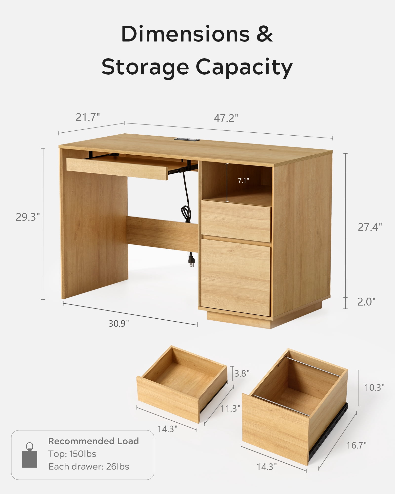 EYYTHUNG 47" Office Desk, Farmhouse Executive Desk with File Drawer & Outlet, Wood Computer Desks with Keyboard Tray, Natural Oak