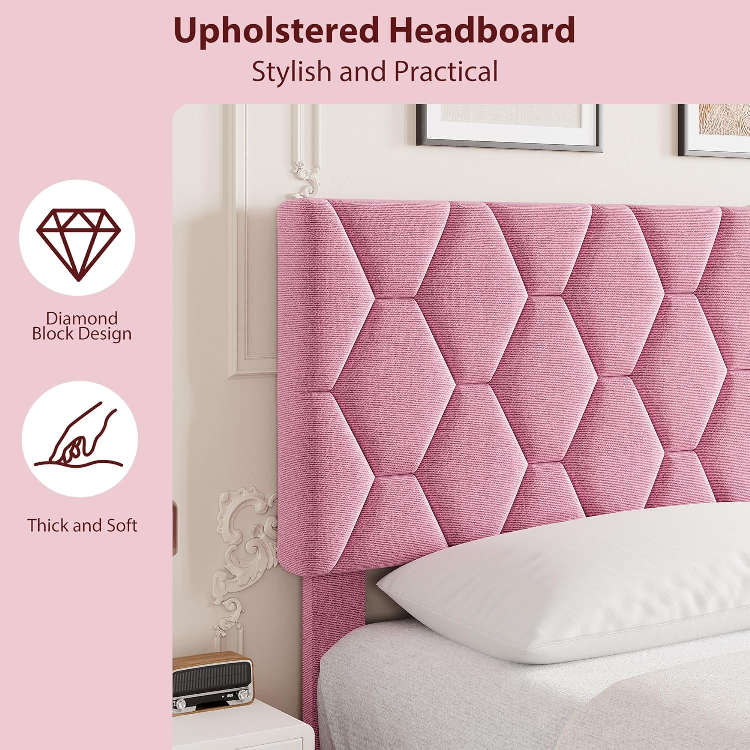 ChaoLink Queen Bed Frame with Upholstered Headboard, Wood Slat Platform, No Box Spring Needed, Noise-Free, Easy Assembly, Pink