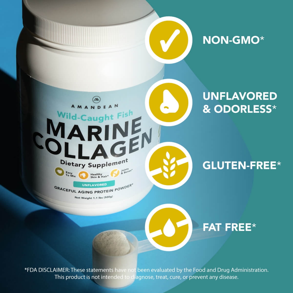 Amandean Premium Anti-Aging Marine Collagen Powder 17.6 Oz | Wild-Caught Hydrolyzed Fish Collagen Peptides | Type 1 & 3 Collagen Protein Supplement | Amino Acids for Skin, Hair, Nails