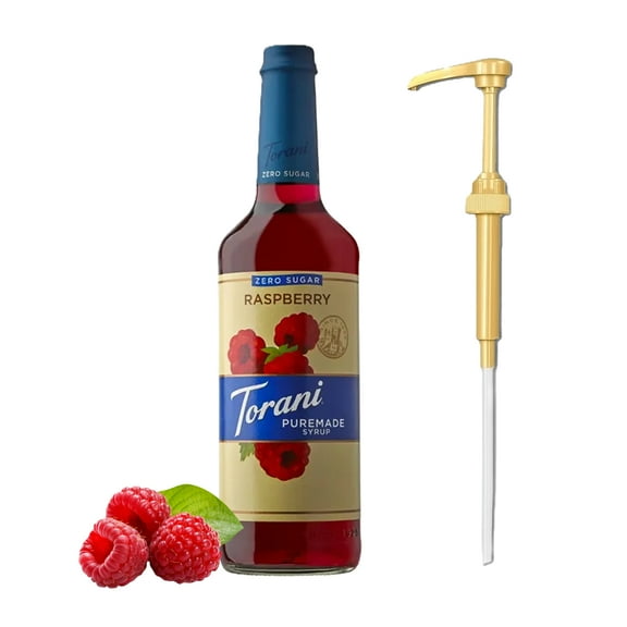Torani Puremade Zero Sugar Raspberry Flavouring Syrup, 25.4 fl oz (750ml) Glass Bottle with Absol Gold Pump