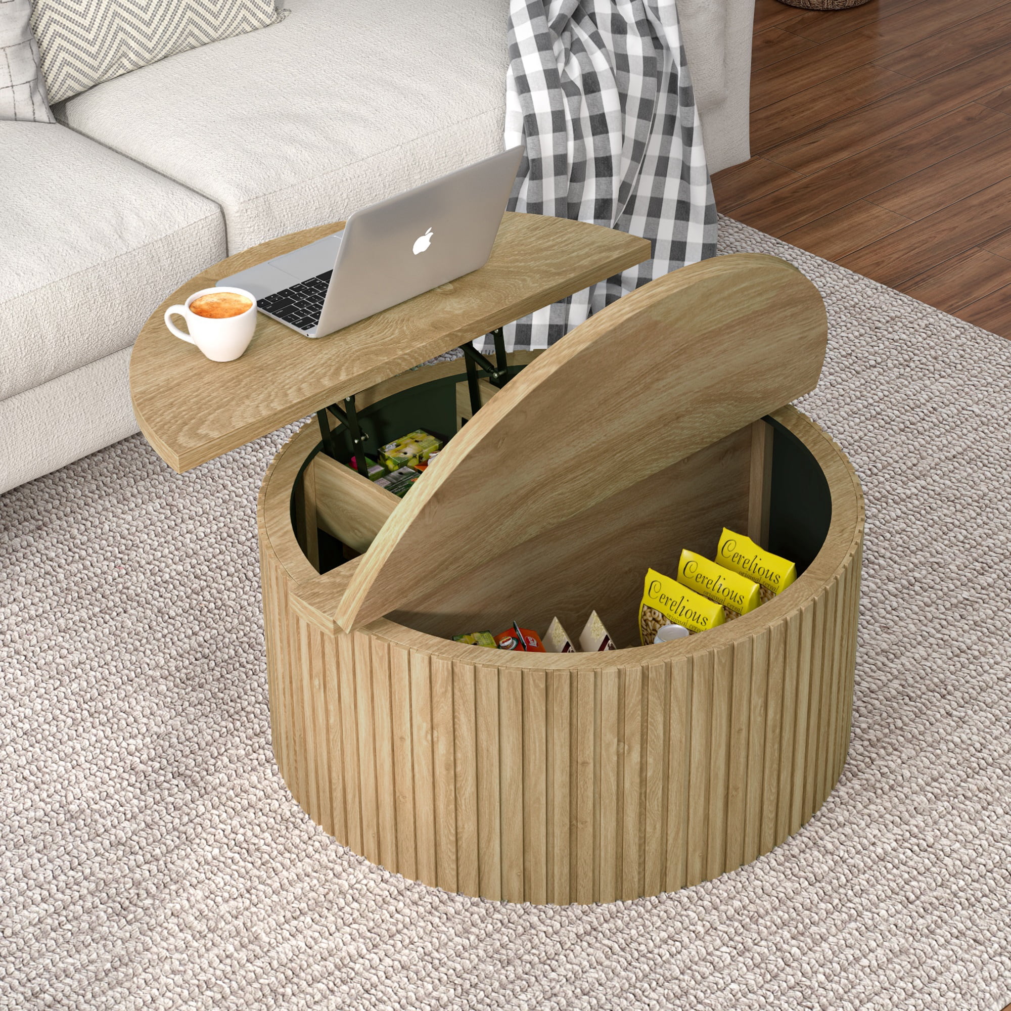 Round Lift Top Coffee Table with Storage Farmhouse Center Table with Hidden Compartment Circle Sofa Table for Living Room Wood