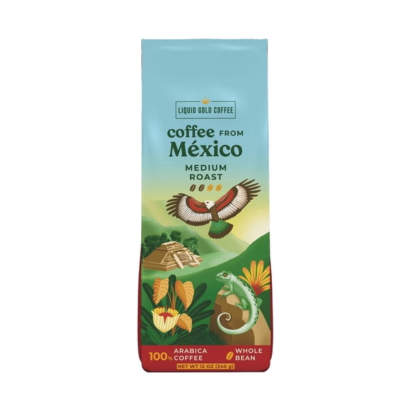 Coffee from Mexico, Medium Roast Whole Beans, by Liquid Gold Coffee, 1 Bag (12 OZ) (340 Grams), Single Origin Specialty Coffee, 100% Arabica , Local Authentic Sourced from Marachi Chiapas Farm