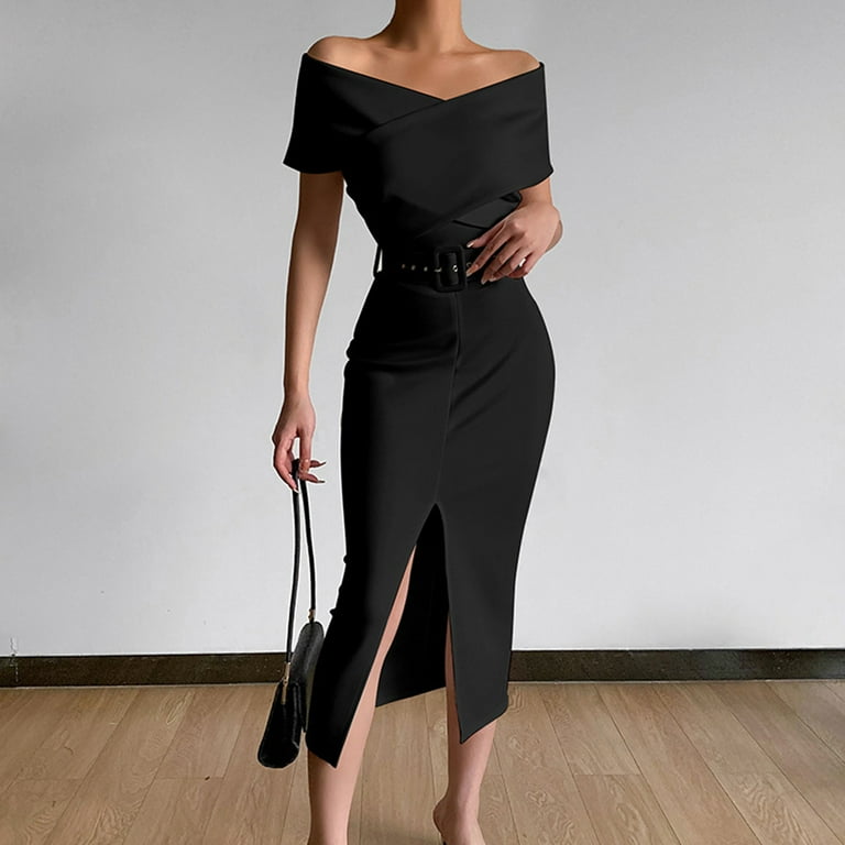 Formal Dresses for Women Elegant Off Shoulder Cocktail Dresses Front Split Short Sleeve Slim Fit Midi Dress with Belt