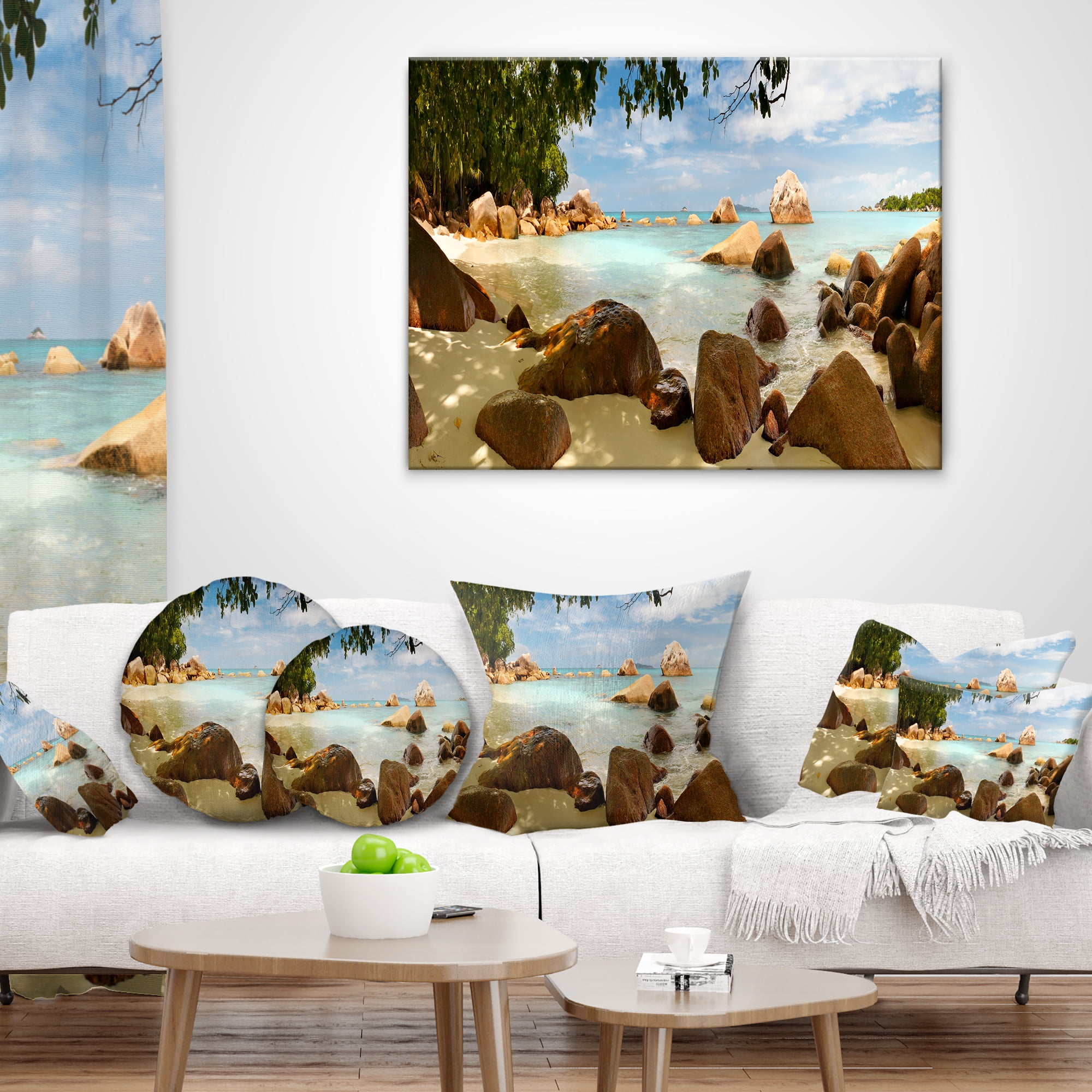 Designart Tropical Rocky Beach Panorama - Landscape Printed Throw Pillow - 18x18