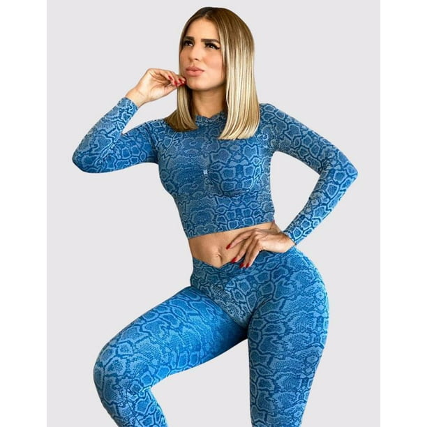 Set 2 Piezas Leggins Push Up Anti Celulitis Y Blusa De Manga Larga Print Serpiente Azul Satinado Nobby Set 2 Piezas Leggins Push Up Anti Celulitis Y Blusa De Manga Larga Print Serpiente