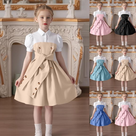 Bxsruta Girls Solid Color Lapel Short Sleeve A Line Dress High Waisted Puff Sleeve Casual Summer Outfits for Teen Girls