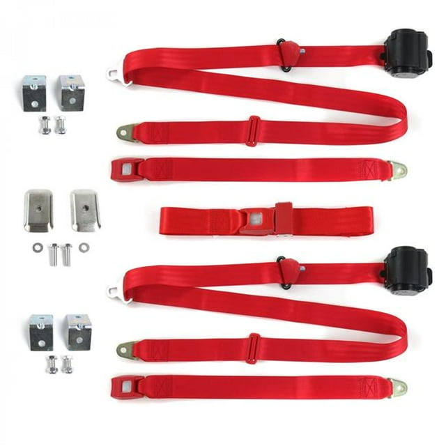 Ford Mustang 1979-1993v Standard 3 Point Red Retractable Bench Seat Belt Kit with Bracketry - 3 Belts