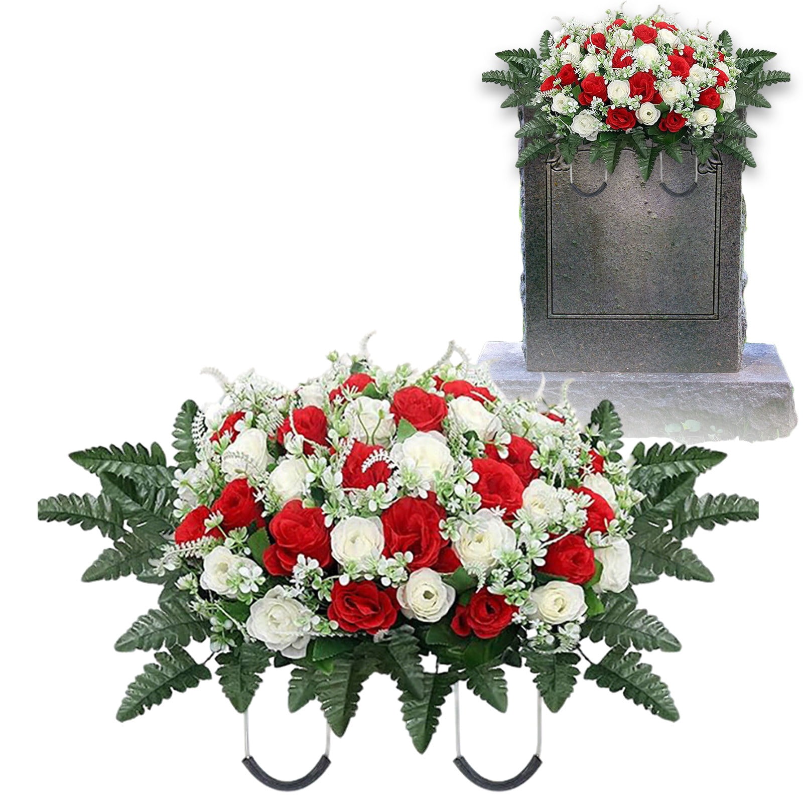 Headstone Flower Saddle,Large Artificial Cemetery Flowers for Grave,Cemetery Memorial Flowers for Outdoor Tombstone Decorations,Artificial Rose Flower Saddle for Memorial Day,Red,26x13.4"