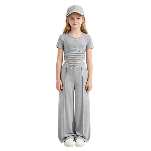 BOOMNY 2Pcs Girls Outfit Sets Solid Short Sleeve Tops Sweatpants Sets for Kids Comfy Clothing Set