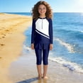 thumbnail image 2 of Hellosay Swimsuits for Teen Girls 2 Piece with Swim Cap Quarter Zip Tankini Capris Bathing suit Surfing Swimwear Blue, 2 of 7