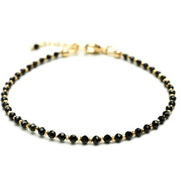Black Spinel 2mm Round Shape Faceted Cut Beads 7 inch Gold Plated Clasp Bracelet for men, women, unisex. Link Chain Stacking Bracelet.|LINK_01219
