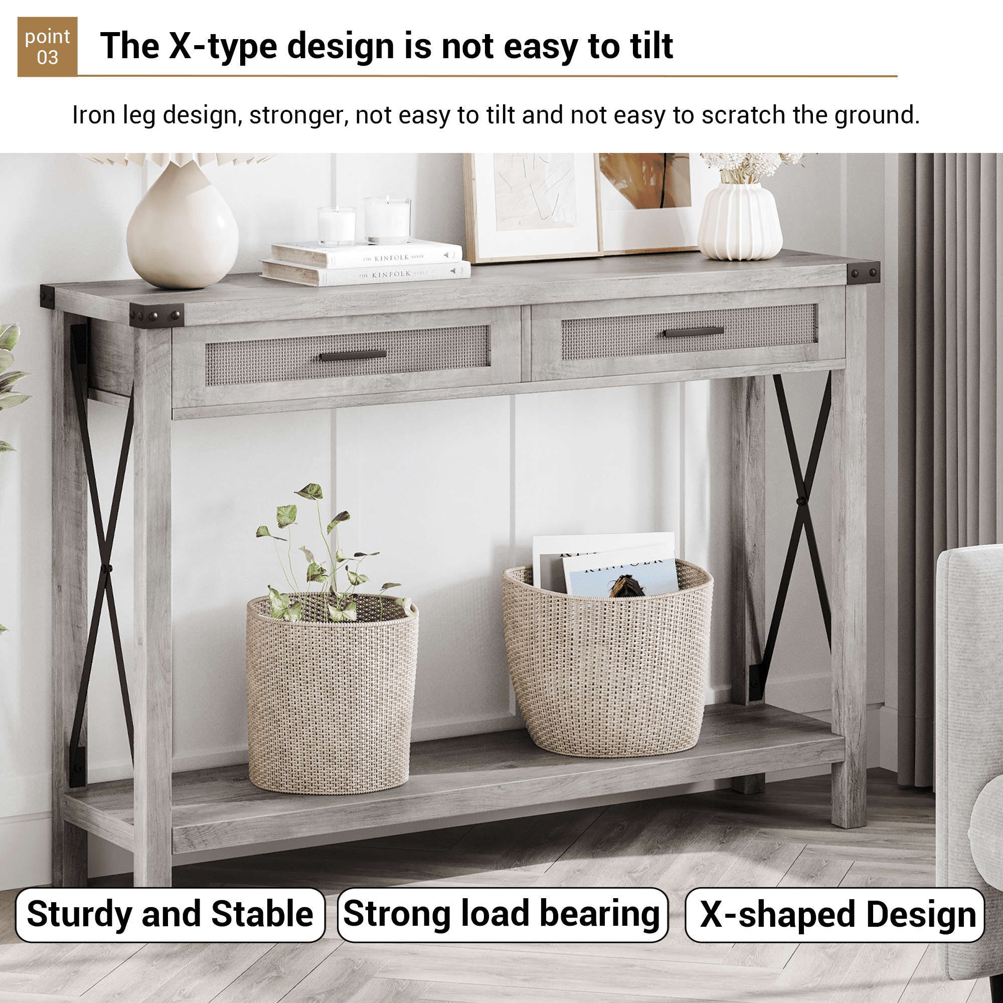 End Table, Console Table Featuring Rattan Drawers, 43 in Sofa Table with Storage, Ideal Console Tables for Entryway, Living Room, Hallway, and Foyer