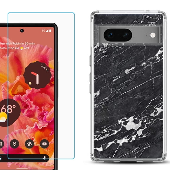 Slim-Fit Gel TPU Phone Case for Google Pixel 7, with Tempered Glass Screen Protector, by OneToughShield ® - Marble B/W